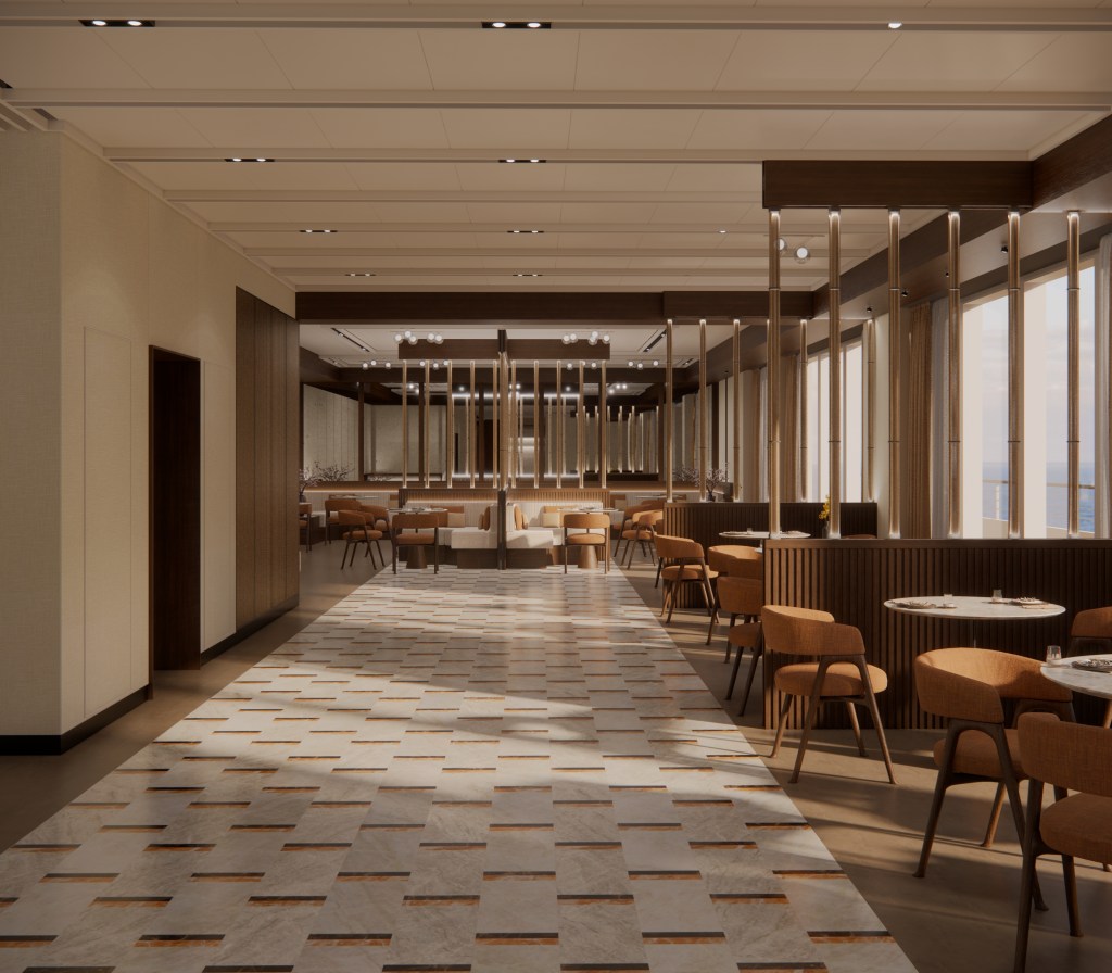 Moderne Restaurantansicht mit Holzstühlen und eleganter Bodenfliesenstruktur, große Fenster mit Blick auf das Meer.