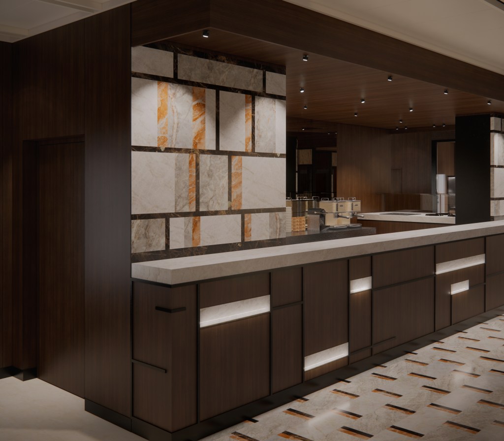 Moderne Kücheneinrichtung mit Holz- und Steinoberflächen, inklusive einer eleganten Theke und einem kunstvollen Wanddesign.