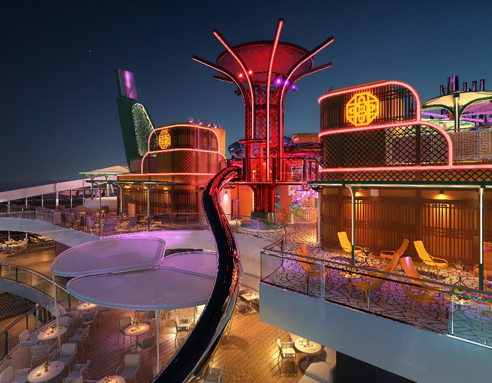 Futuristische Aussicht auf ein bunt beleuchtetes Oberdeck eines Kreuzfahrtschiffes bei Nacht, mit einem Wasserrutschen und Loungemöbeln.