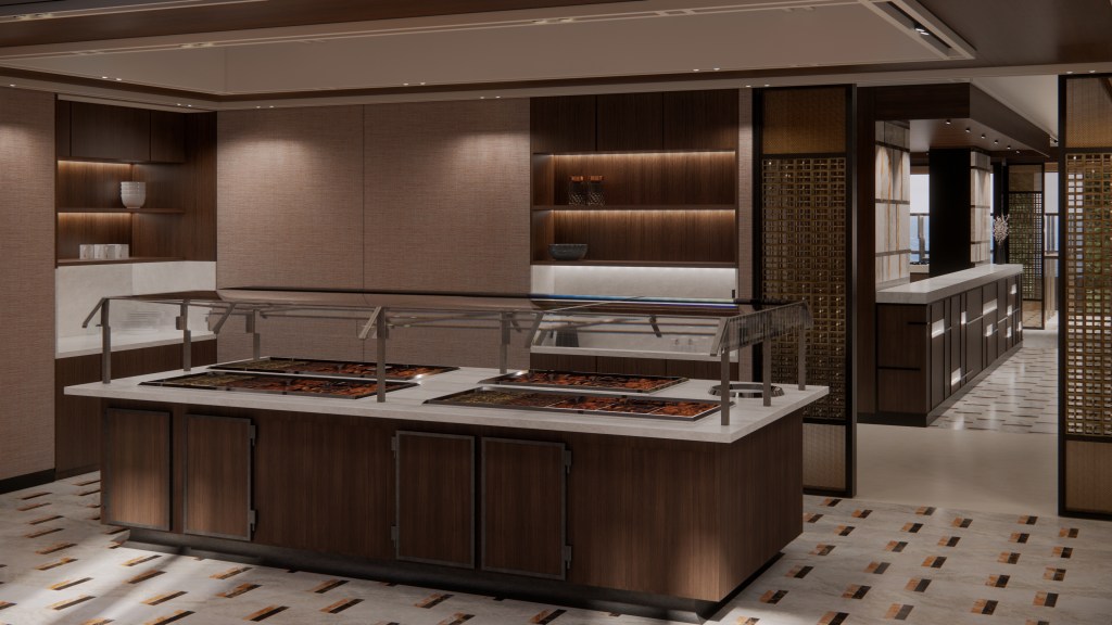 Ein modernes Restaurant mit einer Buffet-Theke aus Holz, eleganter Beleuchtung und stilvollen Akzenten.