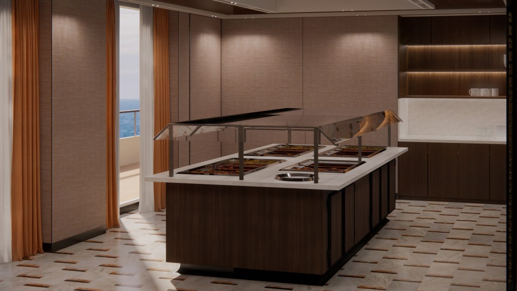 Ein moderner Essbereich mit einem Buffet, das mehrere Schalen auf einem weißen Tisch zeigt. Der Raum hat große Fenster mit Blick auf das Meer und ist mit warmen Farben und Holzfurnieren gestaltet.