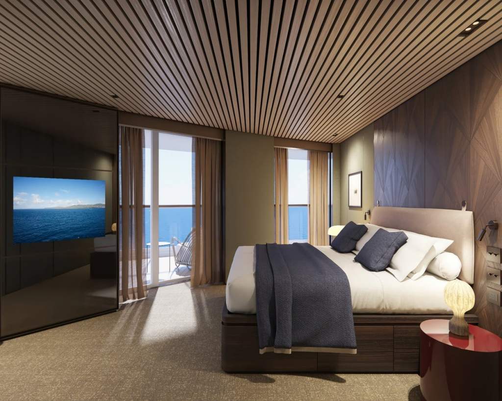 Moderne Hotelzimmer mit einem großen Bett, flachbild Fernseher, Balkon und Meerblick.