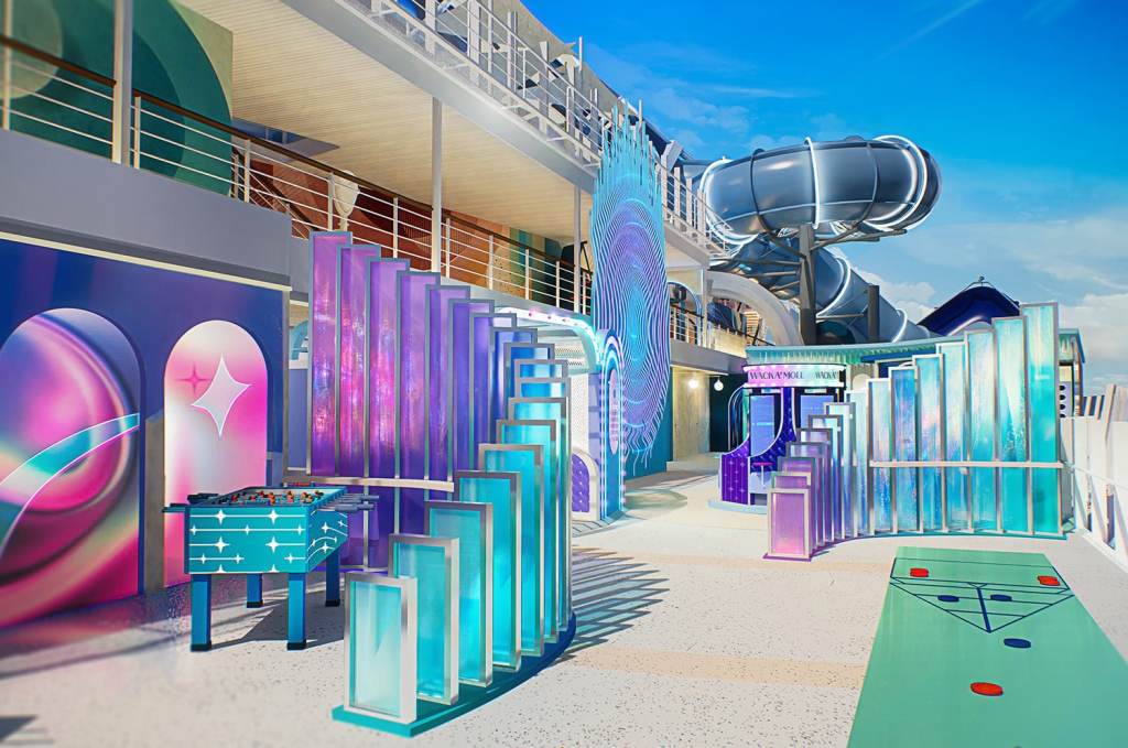 Bunte Freizeit- und Sporteinrichtungen auf einem Kreuzfahrtschiff mit einem Wasserrutschen, einem Kicker und verschiedenen Spielbereichen.