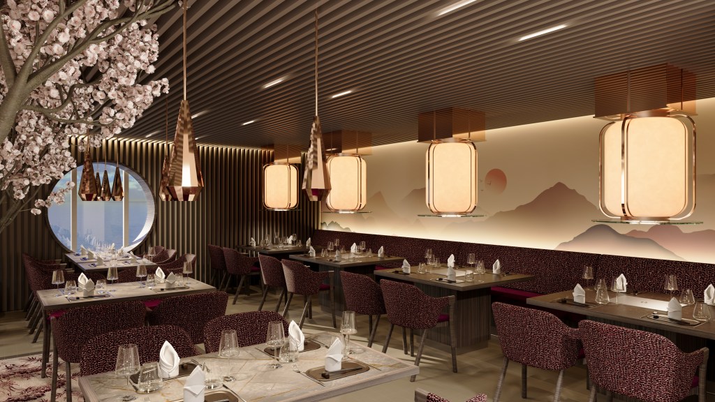 Moderne Inneneinrichtung eines Restaurants mit eleganten Tischen, Stühlen und dekorativen Lampen. Eine Blütenbaum-Dekoration und ein runder Fensterblick auf eine Berglandschaft. Das Design kombiniert asiatische Elemente und zeitgenössischen Stil.