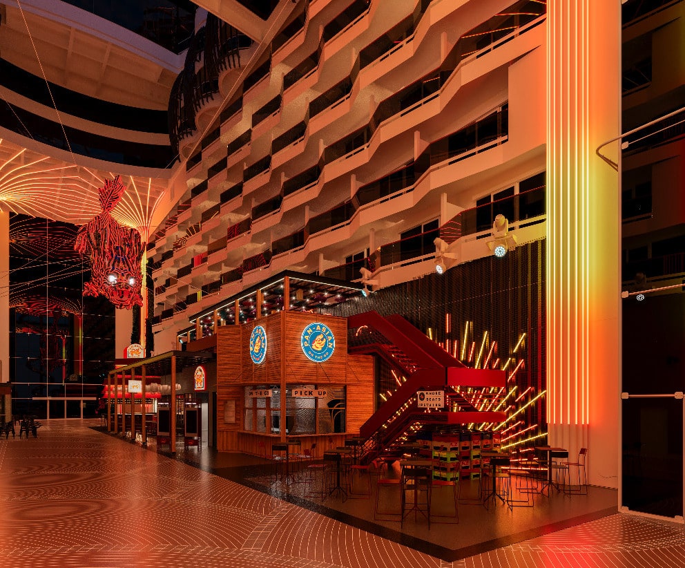 Moderne Innenarchitektur eines Freizeitbereichs mit hellen Lichtern und einem Restaurant mit Holzverkleidung.