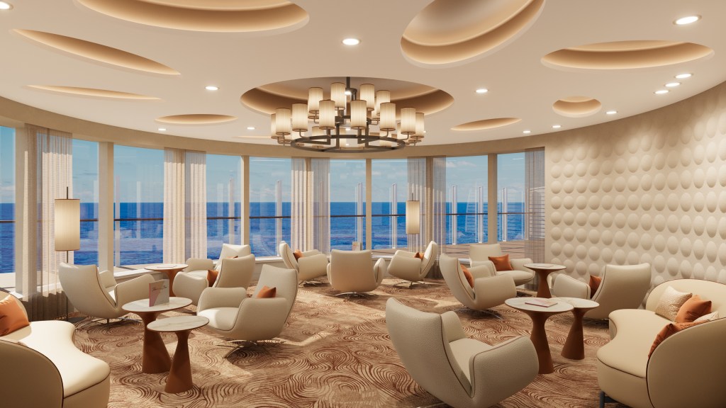 Moderne Lounge mit gemütlichen Sesseln, Tischen und einer großen Fensterfront, die den Blick auf das Meer freigibt.