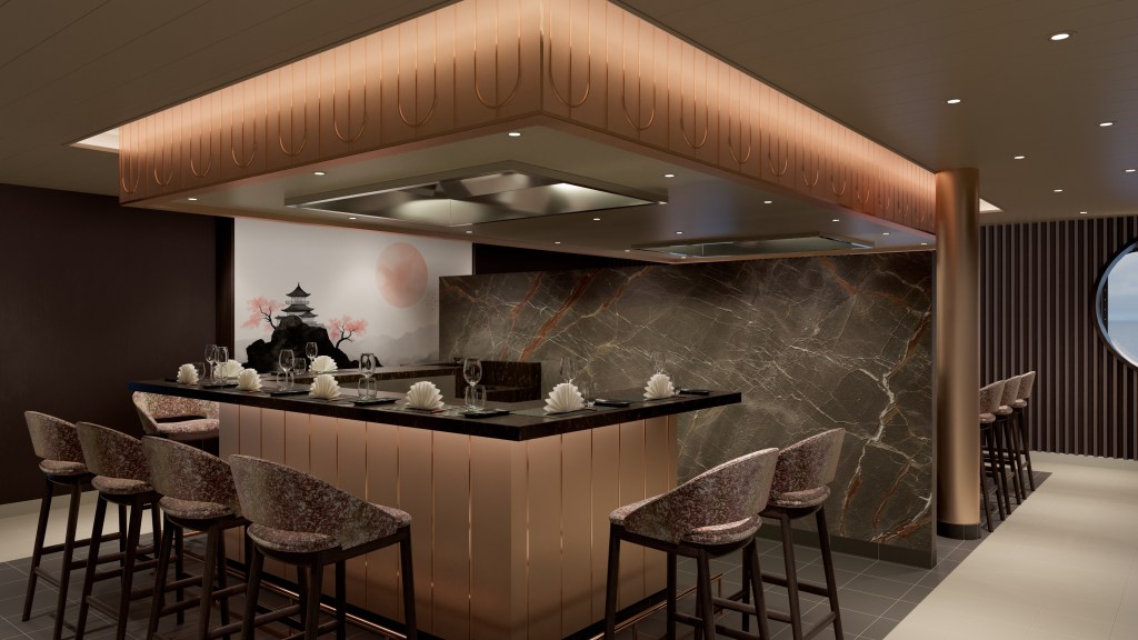 Elegante Restaurant-Innenansicht mit einem modernen Essbereich, einer großen Bar und stilvollen Stühlen. Der Raum ist mit Holz- und Steindetails sowie einer dekorativen Wand mit künstlerischem Motiv ausgestattet.